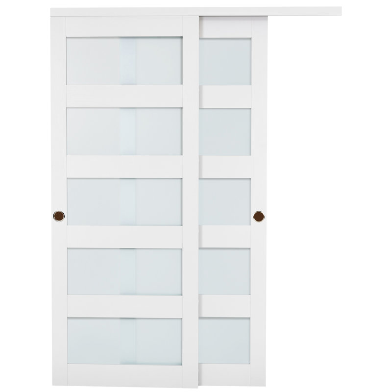 Porte de placard coulissante, 60 po (double 31 po) x 80 po, portes coulissantes en verre givré 5-Lite avec trousse de quincaillerie et guide de plancher, dalle en bois massif et panneau de fibres à densité moyenne avec surface en PVC imperméable pour les chambres de garde-robe