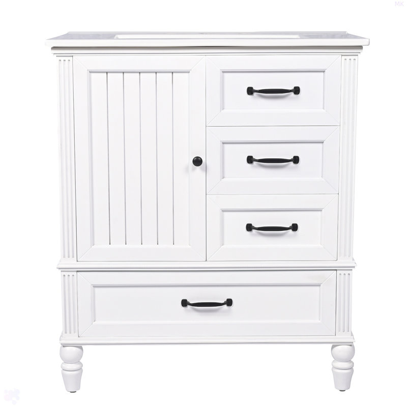 Meuble-lavabo de 30 po avec lavabo, armoire de salle de bain avec porte, trois tiroirs, pieds en bois massif et panneau de fibres à densité moyenne, patins réglables