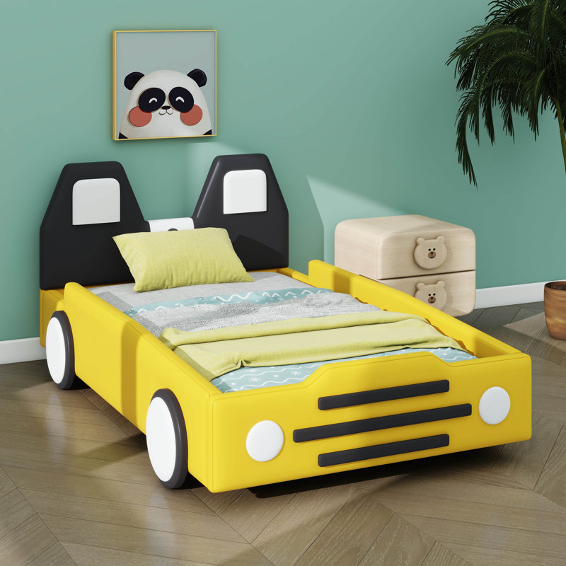 Alexjandro Twin Size Race Car-Shaped Platform Bed with Wheels, Yellow