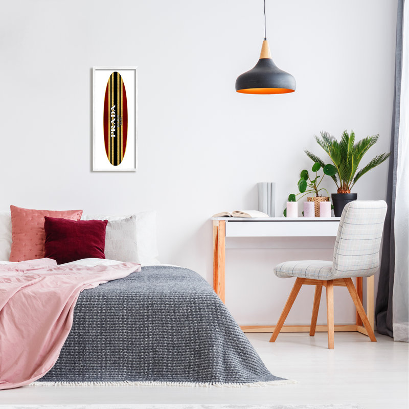 Rouge, noir, tendance, rayures, planche de surf tendance, L 10 po x H 10 po, Giclée encadrée blanc bord de mer