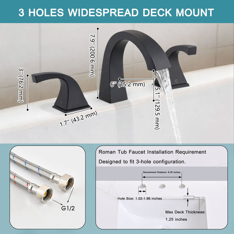 Roman Tub Faucet, Deck Mount 3 Hole Widespread Bathtub Faucet, Matte Black