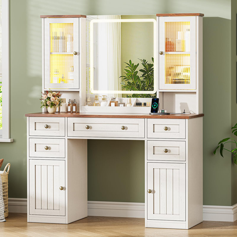 43.3'' White Vanity Desk with 20.5'' Mirror and Lights Dressing Table for Bedroom Solid Wood Modern Farmhouse, White/Brown