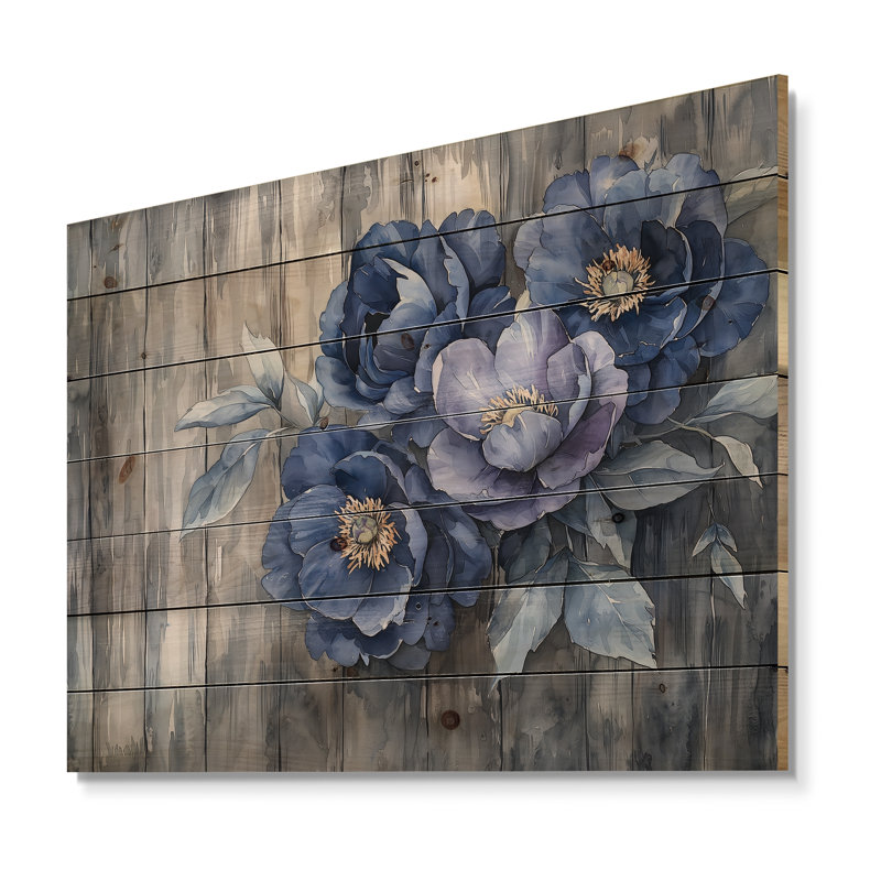 Pivoines bleues près de la clôture de la ferme - reproduction de bois de pivoines - sur bois de pin naturel