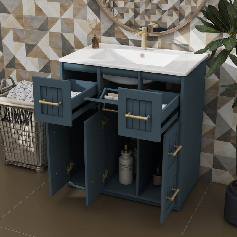 Armoire de salle de bain 30 po avec lavabo encastré et tiroirs, Bleu