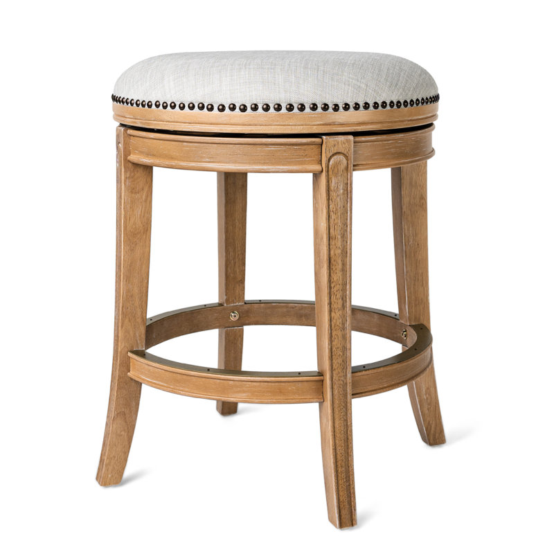 Weathered Oak Backless Swivel Counter Stool with Sand Upholstery