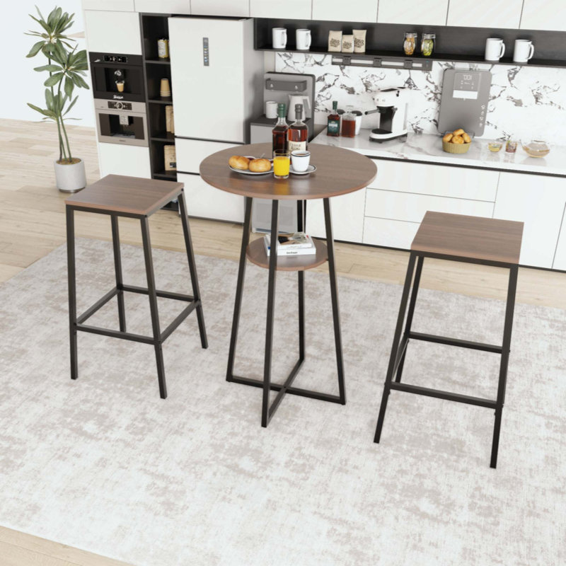Ensemble de table haute ronde 3 pièces avec 2 tabourets de bar sans dossier, table de bar de style pub/bistro avec étagère de rangement centrale, table à manger haute de style industriel avec structure en bois pour balcon, cuisine et petit appartement
