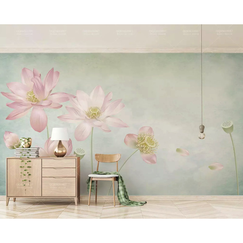 Papier peint à motif floral chinois amovible Lotus, L 35 po x l 55 po