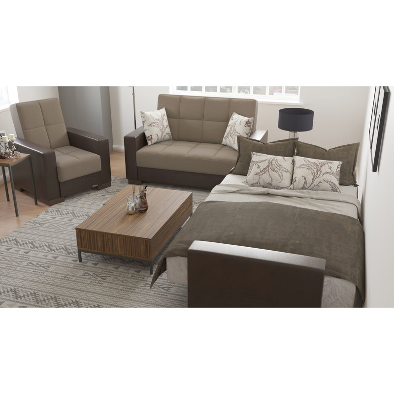 Avec rangement - Microfibre et chenille mélangent des sièges pratiques et élégants avec des coussins épais beige / brun Cozy Living