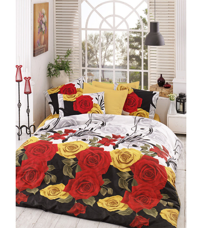 Ranforce Super King Quilt Cover Set, 100% Cotton, 102.4 x 86.6 inches | Includes 2 Pillowcases (19.7 x 31.5 inches) | Machine Washable at 86°F, 140 Thread Count | Vibrant Yellow, Black, Red, White & Green Design