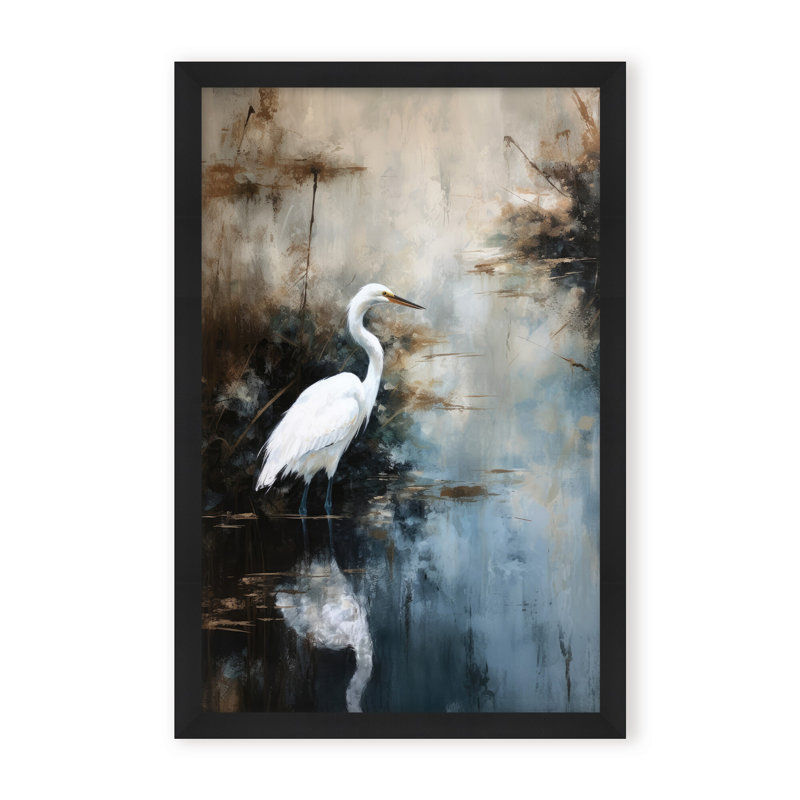 Nature Inspired Egret In Lake, Black, 30" H x 24" W x 1.125" D, Framed Print