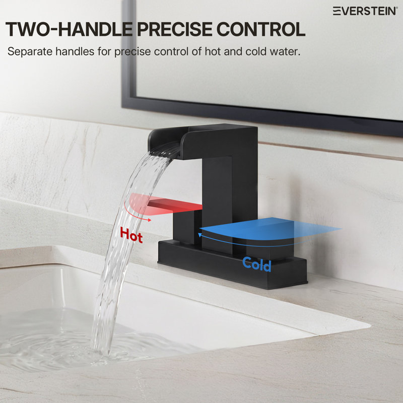 Centerset Bathroom Faucet 2-Handle, 4-Inch Waterfall Basin Faucet with Drain Assembly, Matte Black
