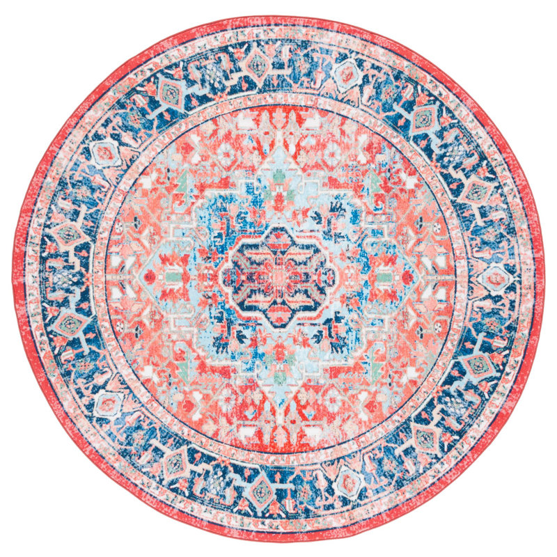 Daubert Oriental Navy/Red Area Rug, Round 6'7"