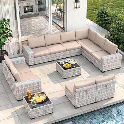 12-Piece Outdoor Wicker Sectional Sofa Set with 10 Seats, All-Weather PE Rattan Patio Conversation Set with Cushions & Coffee Table