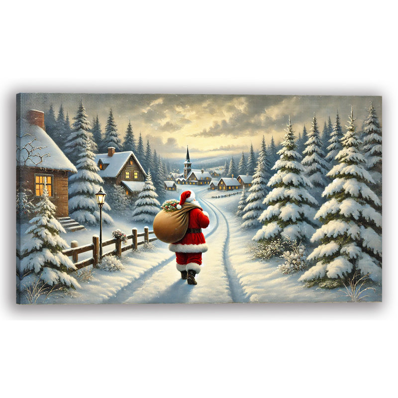 «Santa's Eve Walk: Twilight Snowfall Over Sleepy Village», art sur toile, H 24 po x l 42 po