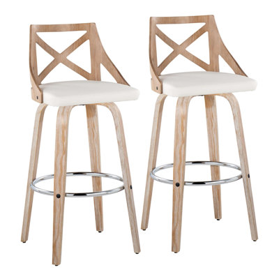 Tabouret de bar à hauteur fixe avec pivot en bois blanchi et similicuir blanc avec repose-pieds rond en métal chromé - ensemble de 2