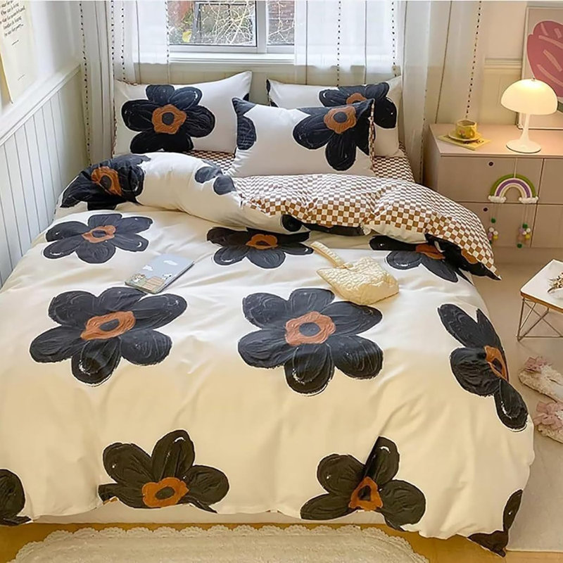 Ensemble d'édredon floral noir et blanc pour lit simple Big Flower Chic Bedding, Full Comforter + 2 Standard Pillowcases