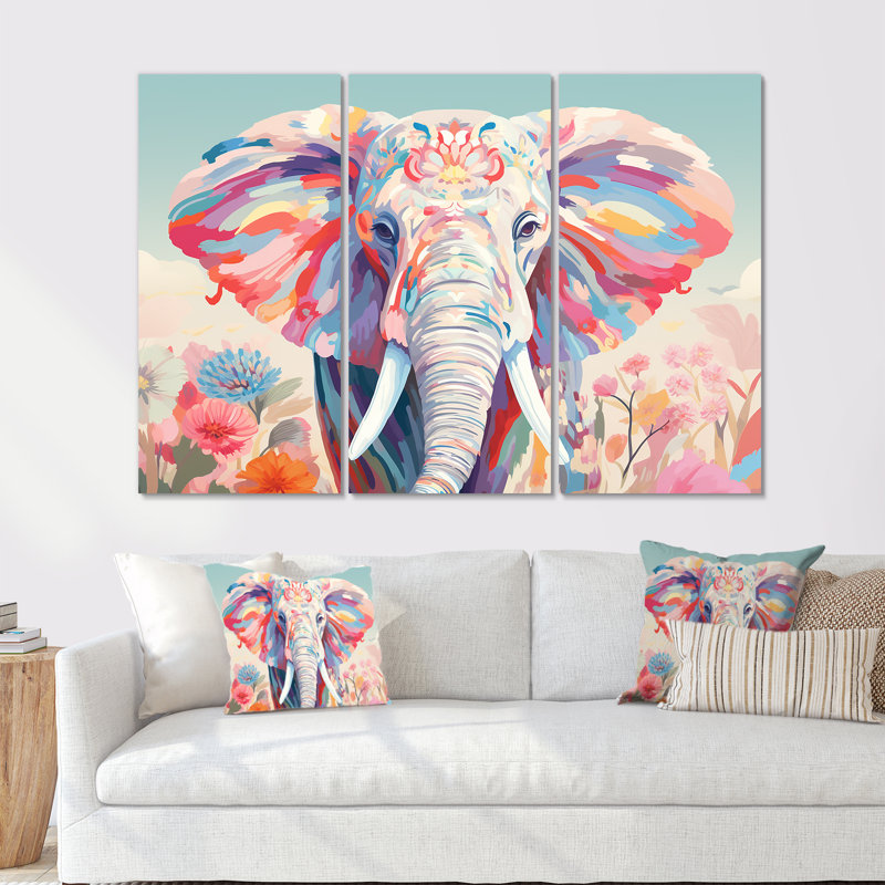 «Pink Elephant Retro Floral Portrait II», ensemble d'art mural éléphant, Toile tendue, H 28 po x l 36 po x P 1 po