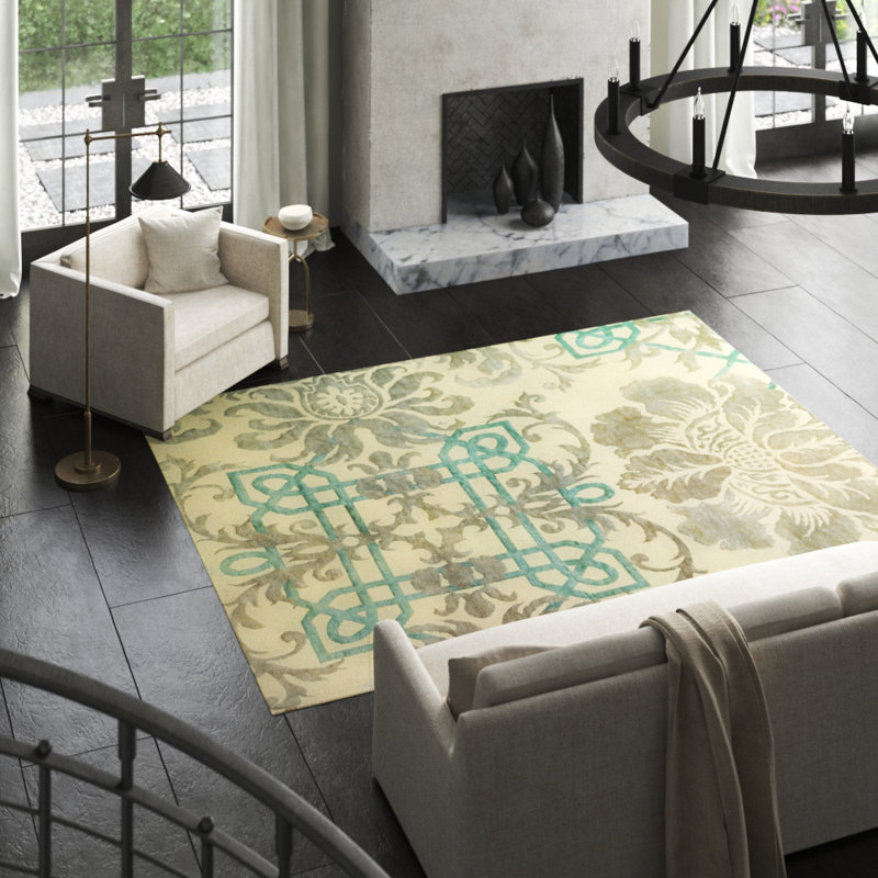 Brocade Floral Area Rug in Green/Gray/White, Rectangle 3' x 5'
