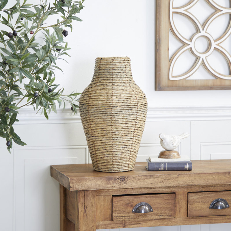 Sabre Brown Faux Seagrass Handmade Tall Woven Floor Vase, 18" H x 10.45" W x 10.45" D