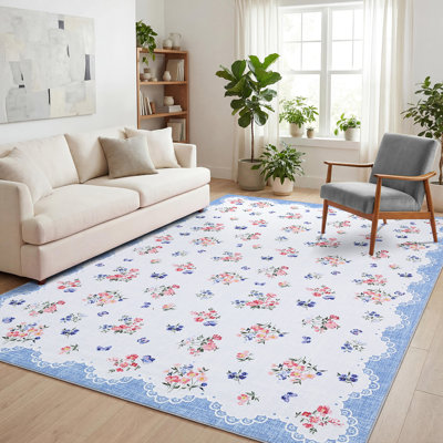 Tapis floral lavable à la machine avec envers en caoutchouc, tapis antidérapant pliable, revêtement de sol doux et facile d'entretien pour la chambre à coucher