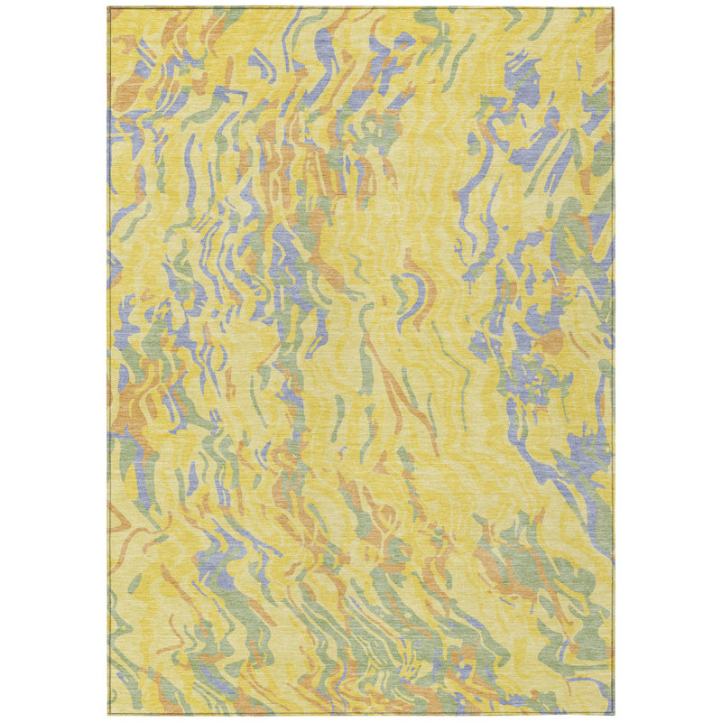 Tapis extérieur lavable abstrait mauve et vert 5 pi x 8 pi jaune