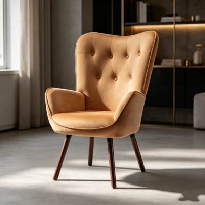 Wingback Accent Chair with Button Tufting & Solid Wood Splayed Legs, High Back, Mid Century Modern Armchair for Living Room, Bedroom, Home Office, Foam-Filled Polyester