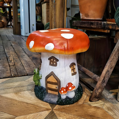 L13.4" Mushroom House Garden Stool, Oversized Resin Sculpture & Fairy Forest Base, Decorative Stool for Home, Courtyard, Lawn, Indoor & Outdoor Spring & Summer Decoration