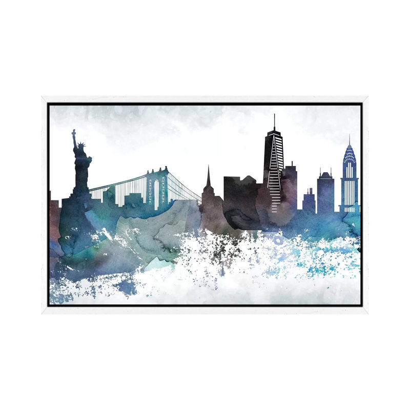 New York Bluish Skylines - Print on Canvas, 66.04 cm H x 45.72 cm W, White Framed