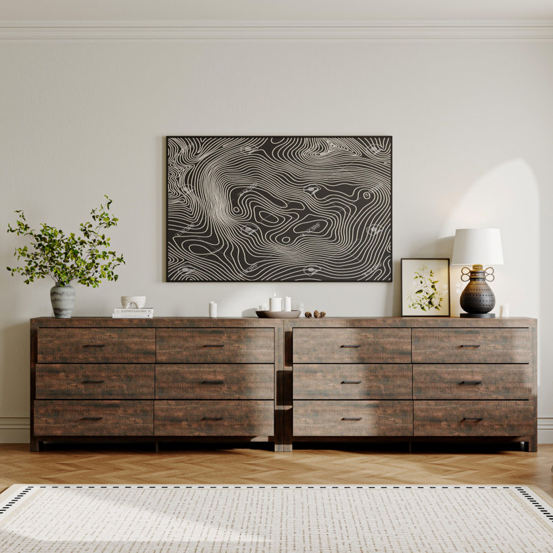 2-Piece 126" Wide TV Stand with 12 Storage Drawers, Media Console For 70/75/85/90/100+ Inch TVs, Brown Wood