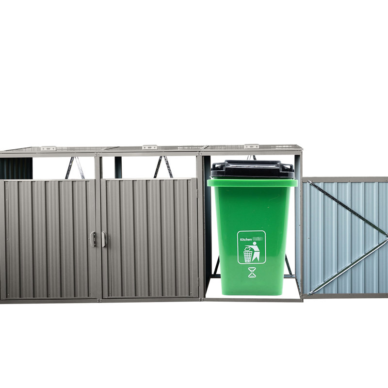 Remise à ordures en métal gris pour la cour - peut contenir 3 poubelles ventilées, faciles à nettoyer et à entretenir
