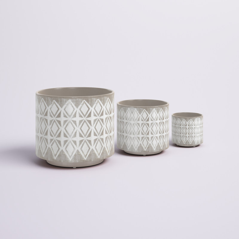 3‑Piece Round Stoneware Planters with Geometric Patterns