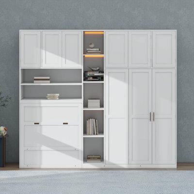 Twin Murphy Cabinet Bed with Wardrobe & Storage Shelves, 5-Tier LED Display Shelves, Overhead Cabinets