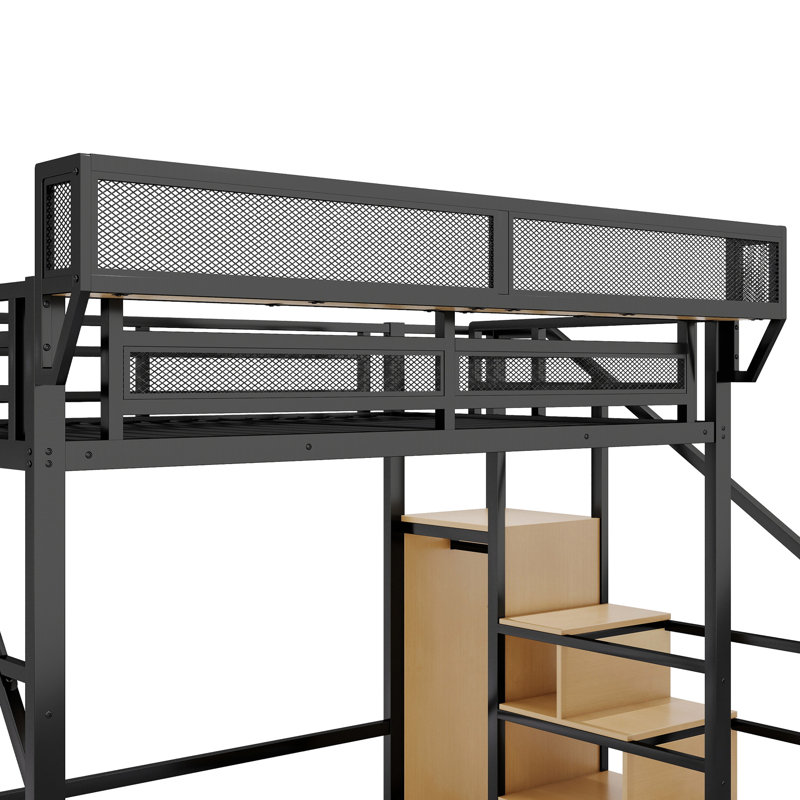 Lit mezzanine haut avec escalier, tablettes de rangement et garde-robe, lit double en métal, capacité de 350 lb, capacité, noir