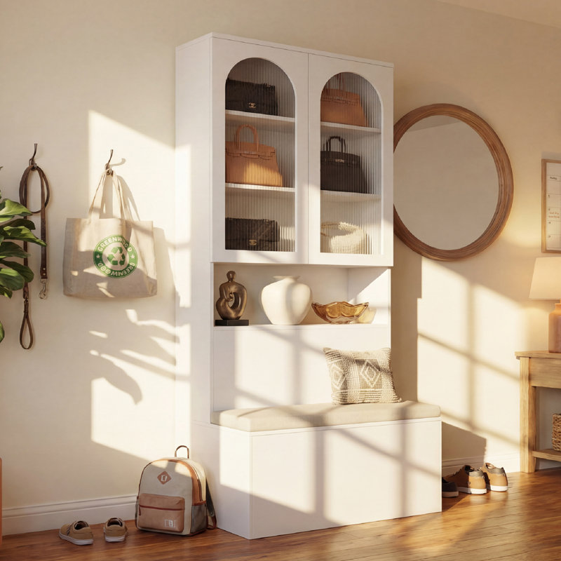 Banc de rangement pour hall d'entrée avec armoire et siège rembourré