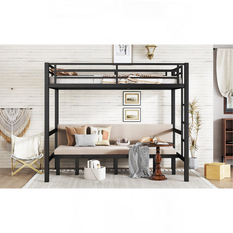 Lit superposé double au-dessus de la taille double, le lit inférieur peut être retiré en trois sections, le lit supérieur est équipé de rails de sécurité, noir.