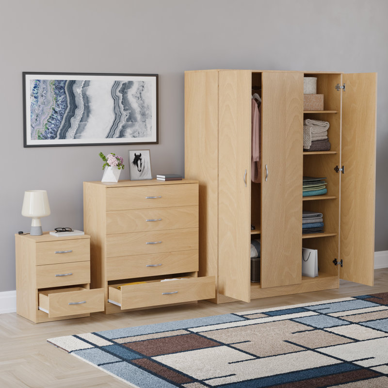 Maybery 3 Piece Bedroom Set (3 Drawer Bedside Chest, 5 Drawer Chest, 3 Door Wardrobe), (5), Pine