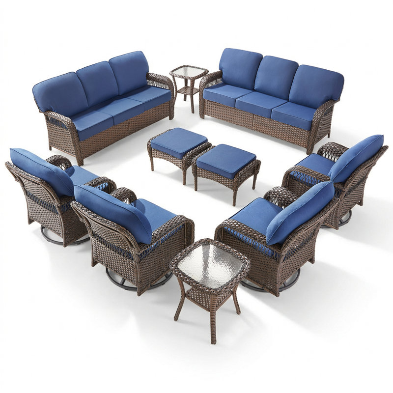 Ensemble de conversation de 10 pièces en osier pour l'extérieur avec chaises pivotantes, repose-pieds et tables d'appoint