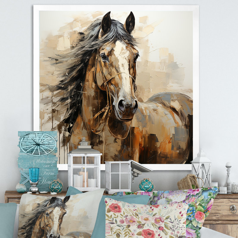 Horse Symbolic Freedom - Print on Canvas, 30" H x 30" W, White Picture Framed