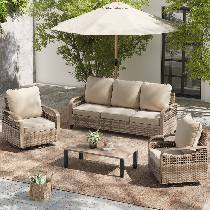 4-Piece Outdoor Patio Furniture Set With Swivel Chairs, Wicker Rattan Conversation Set, 3-Seat Sofa, 2 Swivel Armchairs & Coffee Table, Olefin Cushions, Wood-Grain Finish