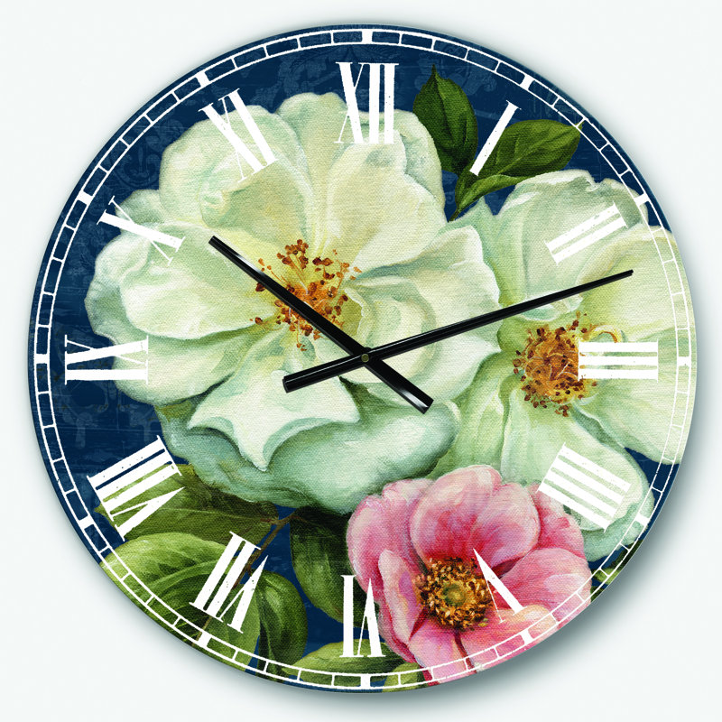 Handpainted Blue Damask Flowers - Farmhouse Wall Clock, Medium