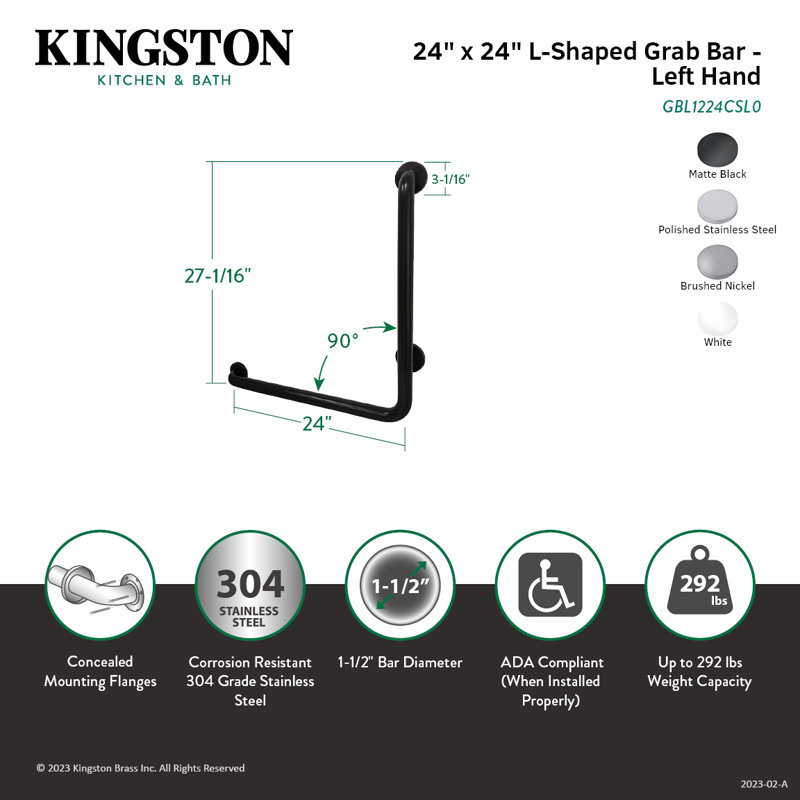 Kingston Brass Made To Match 24-Inch X 24-Inch L-Shaped Grab Bar, 1-1/2 Inch O.D, Left Hand, Matte Black