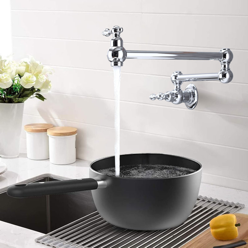 Wall Mounted Pot Filler Folding Kitchen Faucet Retractable Double Joint Swing Arm, Chrome