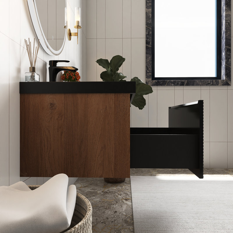 30 po W Meuble-lavabo mural simple en chêne naturel avec plateau en résine noir mat