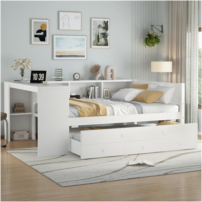 Lit de jour double avec lit gigogne, structure de lit de jour en bois avec tiroirs de rangement et tablettes latérales, lit de jour avec bureau, aucune boîte à ressorts nécessaire, blanc