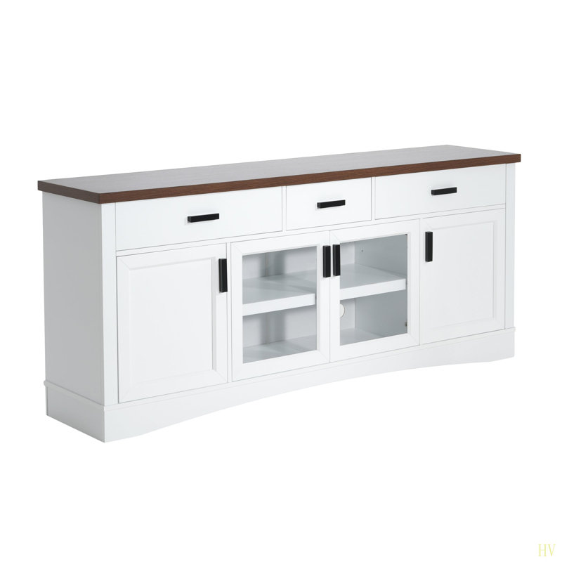 Console de télévision moderne, meuble télé d'une largeur de 67 po, portes et tiroirs de rangement en verre, tablettes réglables