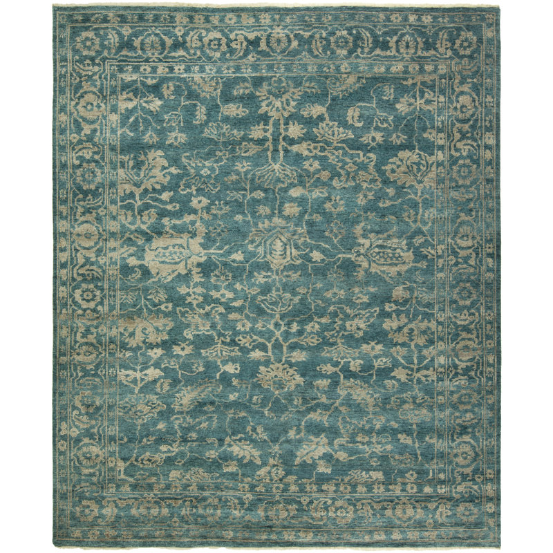 Hand Knotted Wool Area Rug in Blue, Runner 2'6" x 10'
