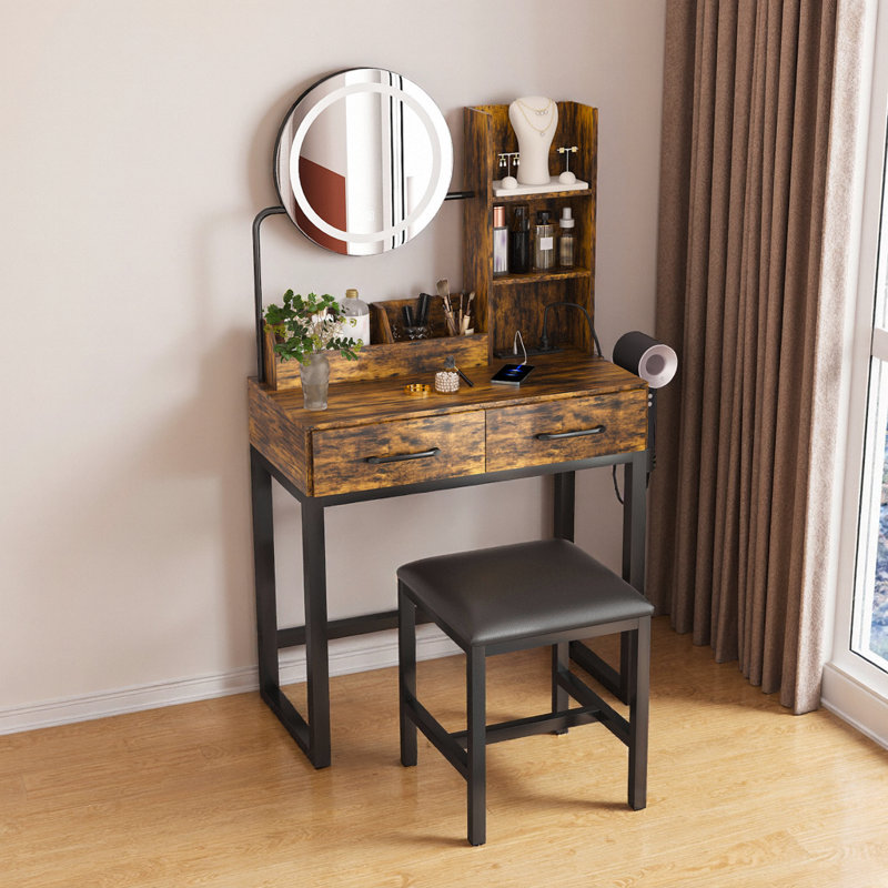 Makeup Vanity With LED Lights&3 Color And Power Outlet Makeup Vanity Table With 2 Big Drawers With Sturdy Metal Leg And Metal Chair ,Dressing Table For Bedroom Dressing Room