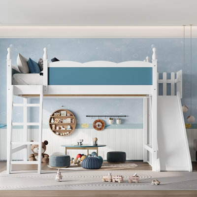 Lit mezzanine avec tablettes de rangement, garde-robe et glissière amovible, fabrication en bois massif, aucun sommier nécessaire