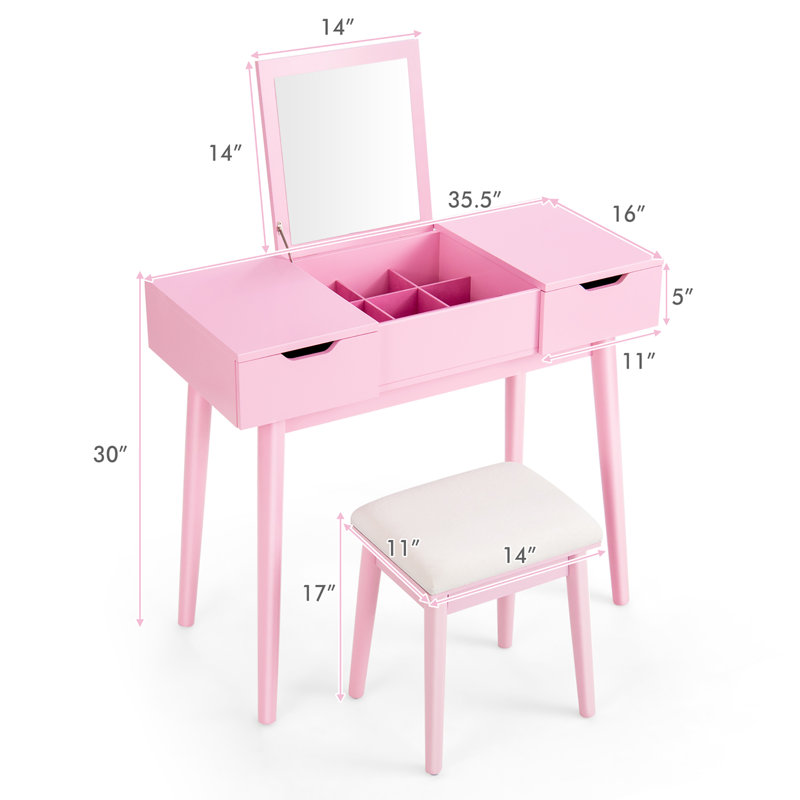 Ensemble de coiffeuse avec tabouret et miroir, Rose