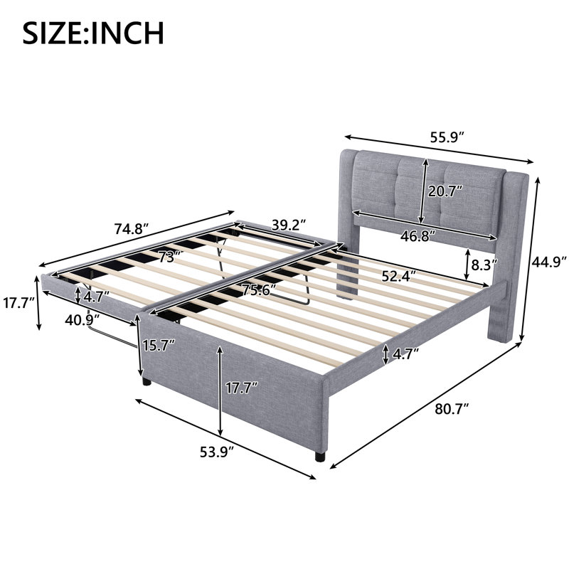 Lit plateforme tapissier avec lit gigogne, Gris